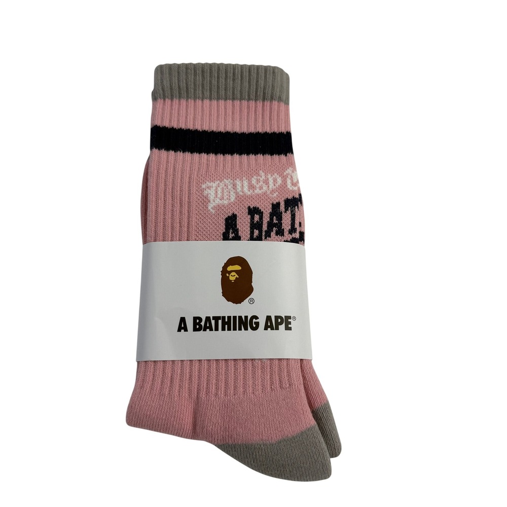 A Bathing Ape BAPE Pink Grey Logo Striped Crew Socks Streetwear